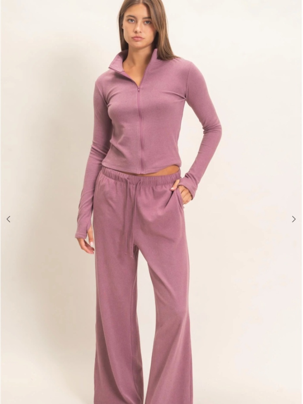 Dusty Mauve Plum Zip Up Top Wide Leg Pants Set Large